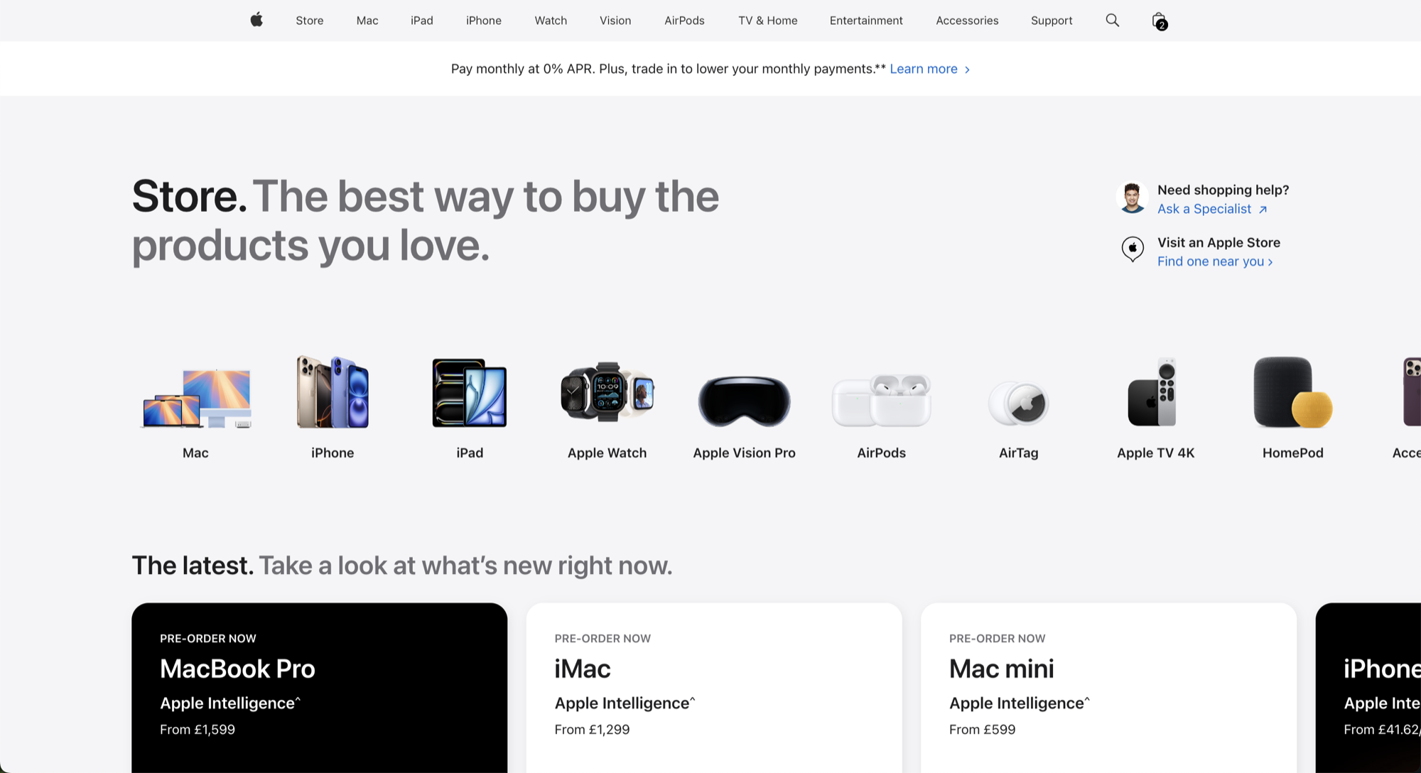 Apple's website layout, anchoring in practice: the hero moment sets the reference point before any price is shown