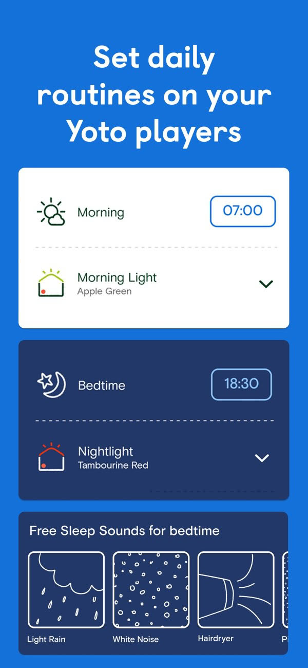 Yoto app screenshot showing a morning routine at 7:00 and a bedtime routine at 18:30 for a connected player.