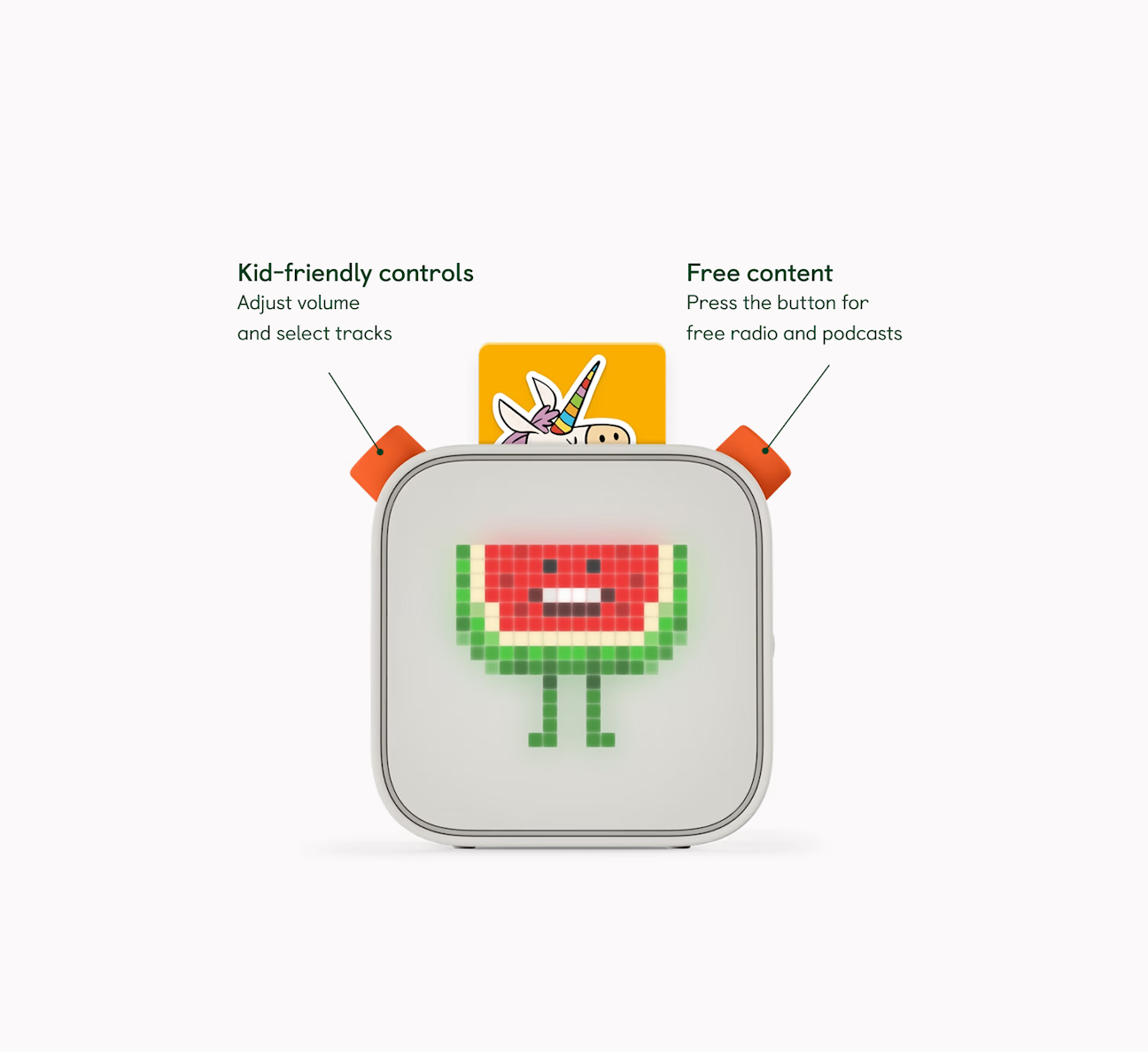 A Yoto Player with a card inserted, a small pixel display and two orange physical controls.