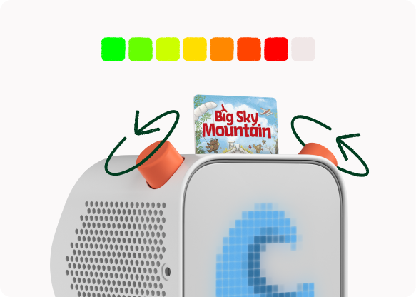 Arrows around a Yoto Player control show it turning to change volume or chapter.