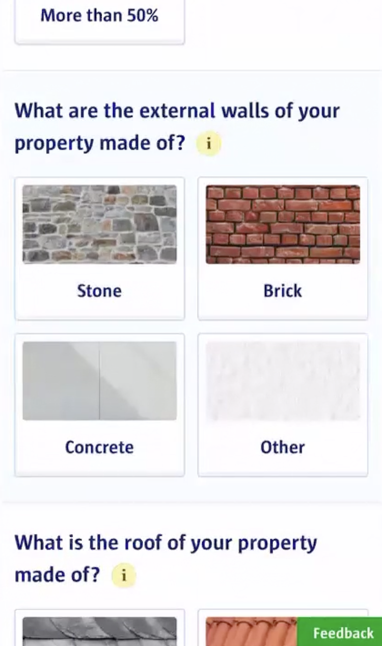 Compare the Market’s mobile form pairs Stone, Brick, Concrete and Other wall-material options with photographs.